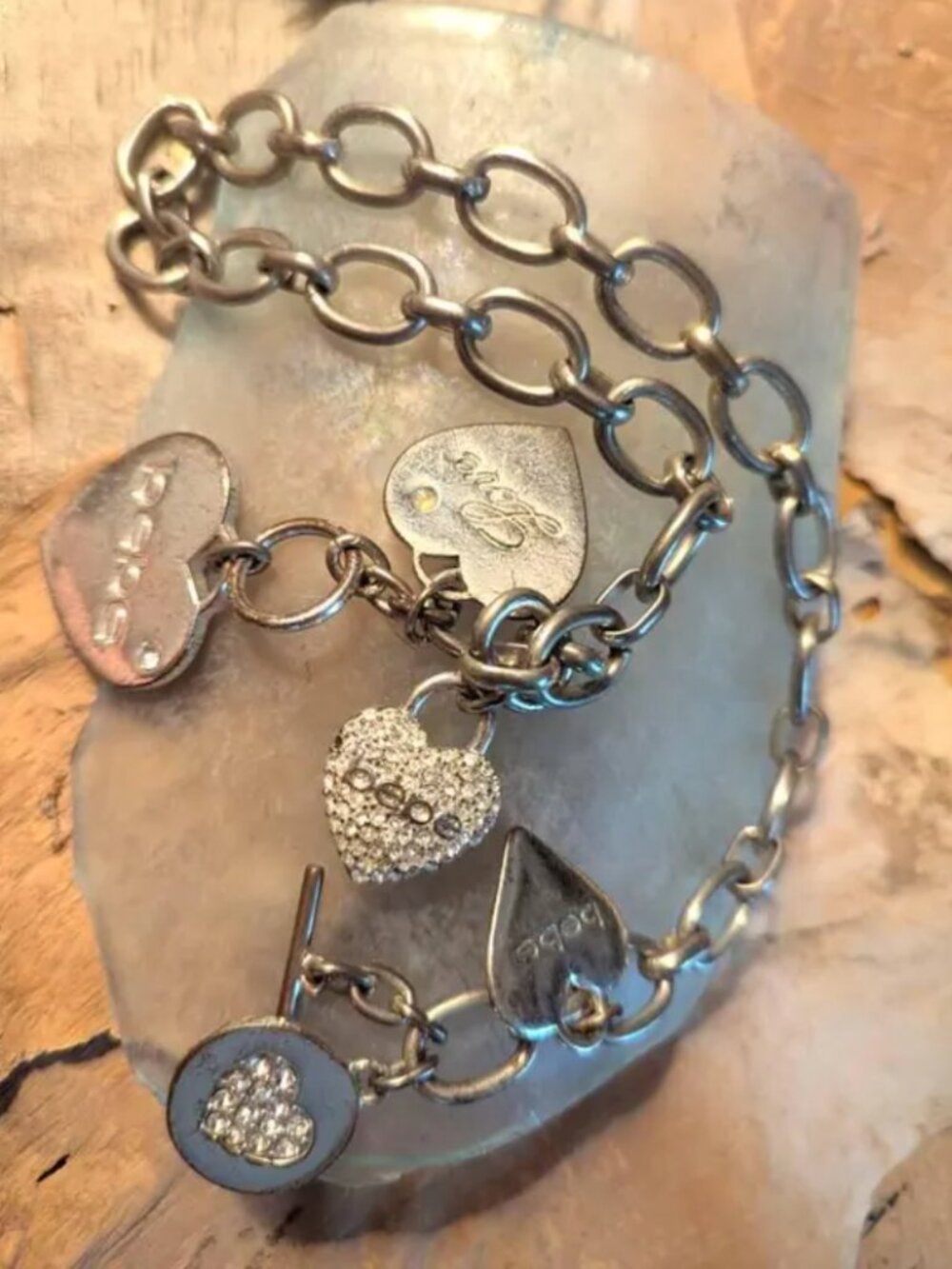 Y2k BEBE Pave Heart Lock Charms Toggle Necklace Gunmetal Tone